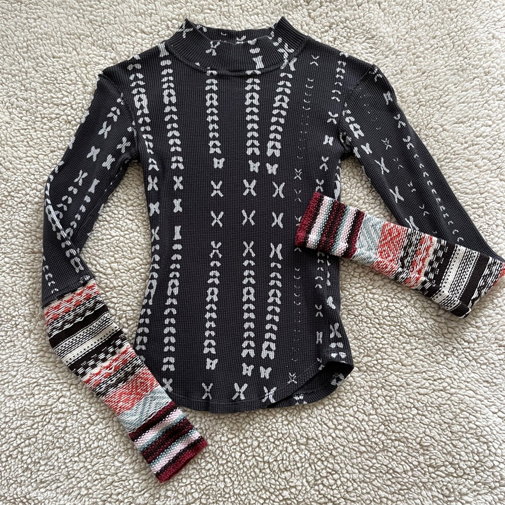 Free People Long Sleeve Thermal with Colorful Knit Sleeve Cuffs - Size XS